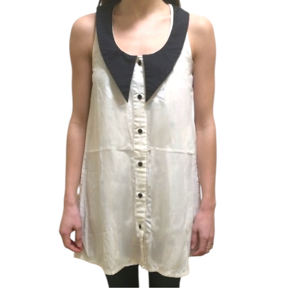 MUSEUM Whimsy White Cotton Button Down Tuxedo Tunic Mini Dress Peter Pan Collar